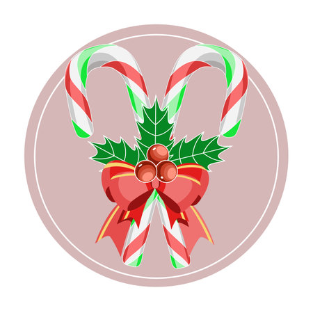Christmas decoration with candy canes, holly berries and bow, vector illustrationのイラスト素材