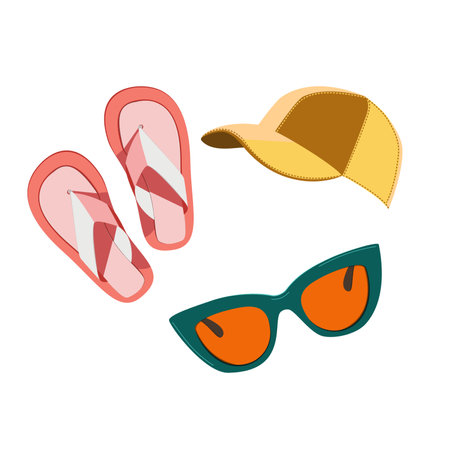 Summer accessories hat, sunglasses, and sandals in flat technique vector illustrationのイラスト素材
