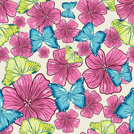Seamless floral pattern with butterflies on the flower heads vector illustrationのイラスト素材