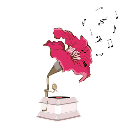 Vector gramophone with flower of nasturtium and musical notes in flat techniqueのイラスト素材