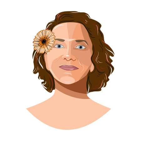 Vector portrait of woman with gerbera daisy in her hair in flat techniqueのイラスト素材