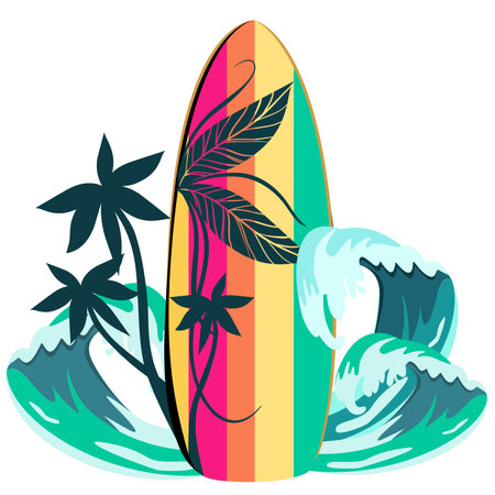 Surfboard with palm trees and waves vector illustrationのイラスト素材