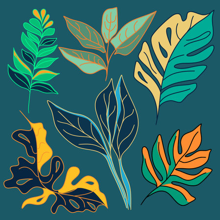 Set of tropical leaves and plants vector illustrationのイラスト素材