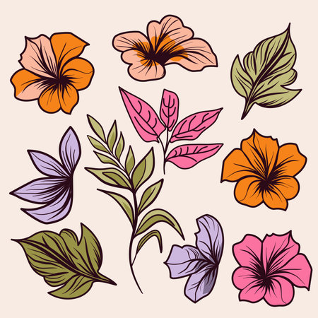 Tropical flowers and leaves botanical set vector illustrationのイラスト素材