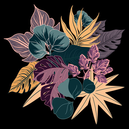 Tropical rainforest plants, with eucalyptus branch and monstera leaves botanical illustrationのイラスト素材