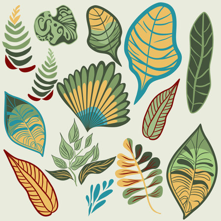 Set of tropical plants and leaves in flat technique vector illustrationのイラスト素材