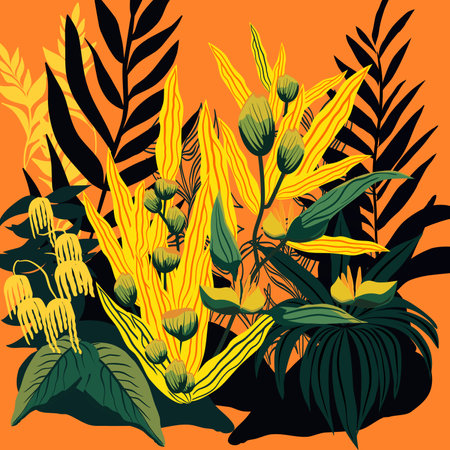 Tropical leaves and blossom flowers on an orange background vector illustrationのイラスト素材