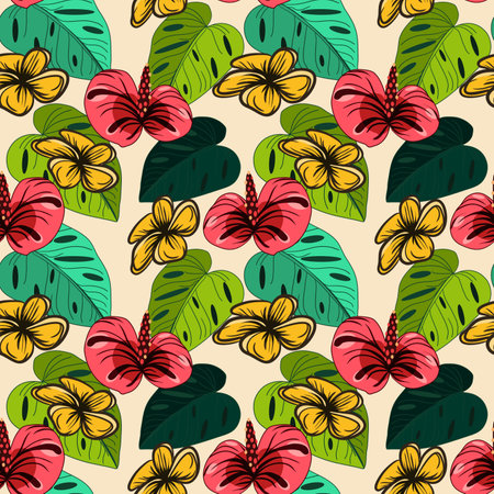 Seamless floral pattern with plumeria flowers and tropical leaves vector illustration