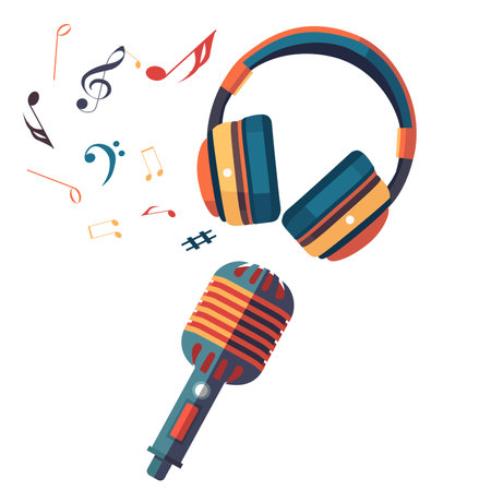 Microphone with headphones and notes. Vector illustration in flat style.のイラスト素材