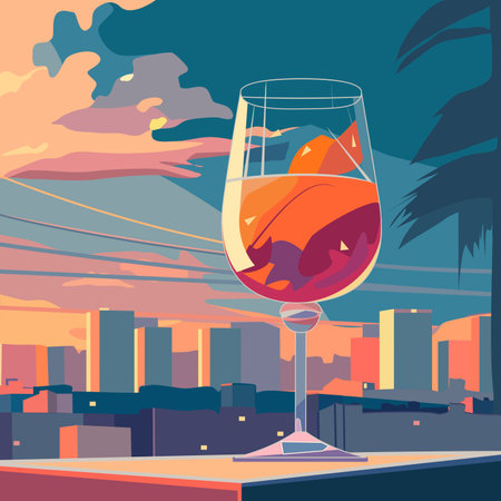 Glass of wine on the background of the city. Vector illustration.のイラスト素材
