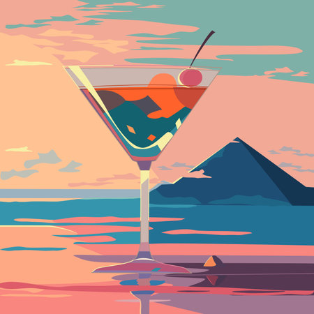 Cocktail on the beach at sunset. Vector illustration in flat styleのイラスト素材