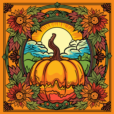 Halloween background with pumpkins and sunflowers. Vector illustration.のイラスト素材