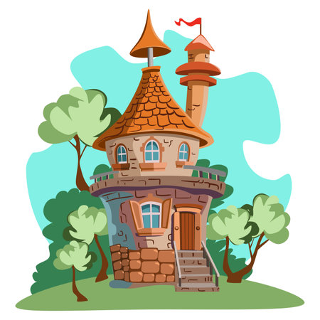 Fairytale house in the forest. Vector illustration in cartoon styleのイラスト素材