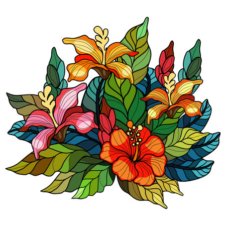 Hibiscus flowers and leaves in stained glass technique vector illustrationのイラスト素材