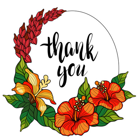Thank you lettering with floral frame. Hand drawn vector illustration.のイラスト素材