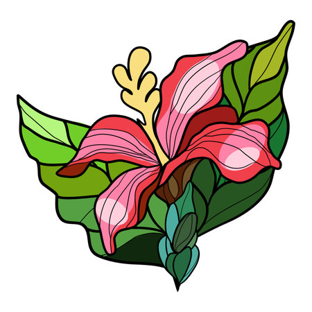 Lily flower and leaves. Vector illustration in stained glass window techniqueのイラスト素材