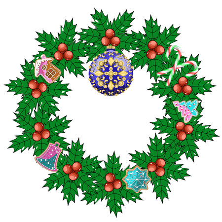 Christmas wreath with holly berries and candies. Vector illustration.のイラスト素材