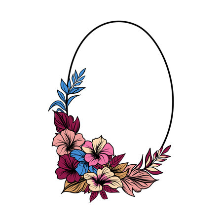 Oval frame with tropical flowers and leaves vector illustrationのイラスト素材