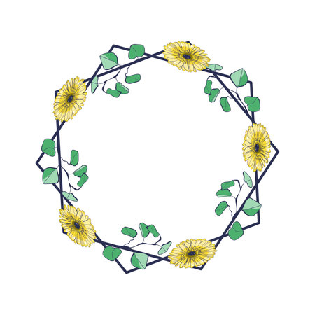Floral frame with eucalyptus leaves and gerbera flowers. Vector illustrationのイラスト素材