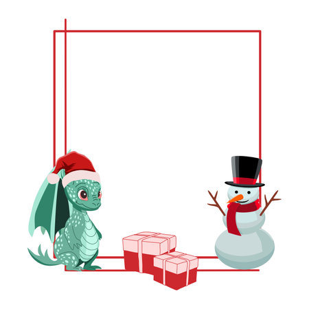 Holiday frame with cute dragon in Santa Claus hat and snowman with gift boxes. Vector illustrationのイラスト素材