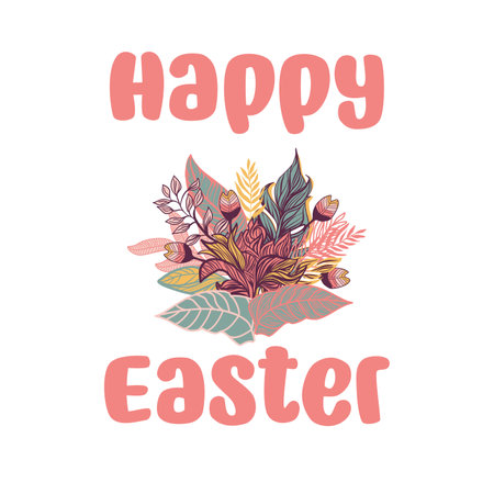Happy Easter text with a bouquet of flowers. Vector illustrationのイラスト素材