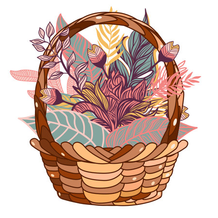 Wicker basket with a bouquet of flowers and leaves. Vector illustrationのイラスト素材