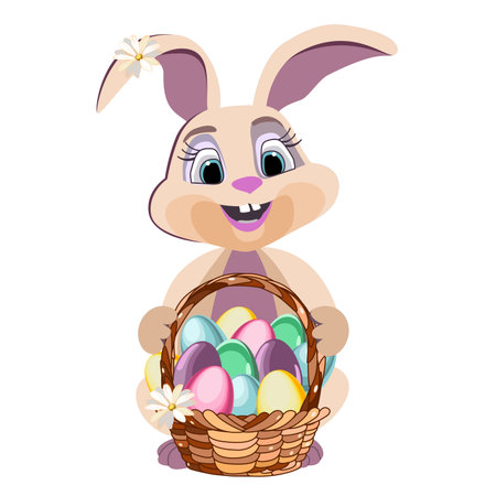 Easter bunny with basket of eggs and flowers. Vector illustration.のイラスト素材
