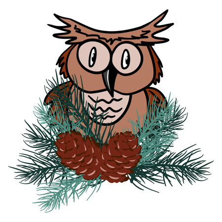 Eagle owl with pine branches and cones vector illustrationのイラスト素材