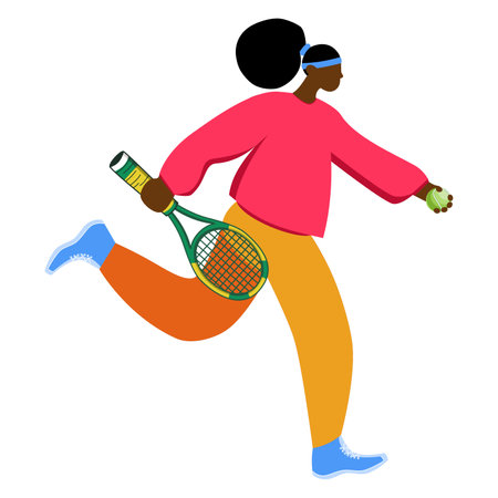 Tennis player runs with a racket and a tennis ball in flat style. Vector illustrationのイラスト素材
