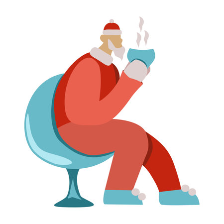 Santa Claus sitting in chair and drinking hot drink. Vector illustration.のイラスト素材