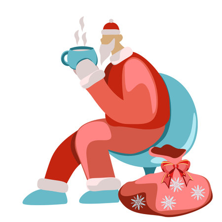 Santa is drinking hot cocoa vector illustration in flat techniqueのイラスト素材