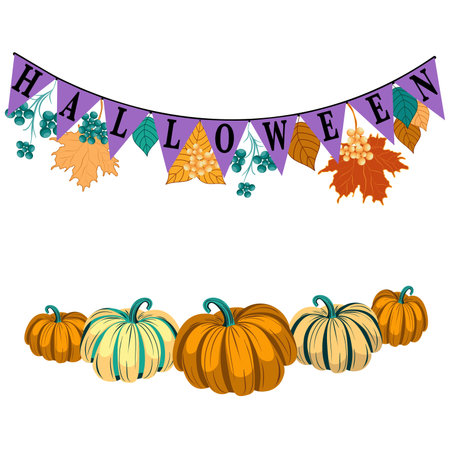 Halloween decorations with pumpkins and autumn leaves vector illustrationのイラスト素材