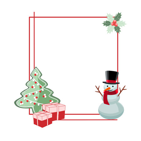 Holiday frame with Christmas tree, snowman, gifts, and decorations vector illustrationのイラスト素材