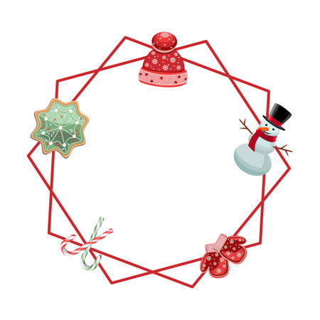 Holiday frame with snowman, mittens, hat, candy canes, and gingerbread cookies, vector illustrationのイラスト素材