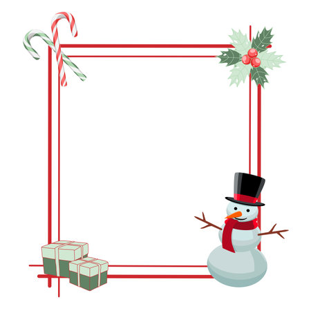 Holiday frame with lollipops, snowman, gifts, and decorations vector illustrationのイラスト素材