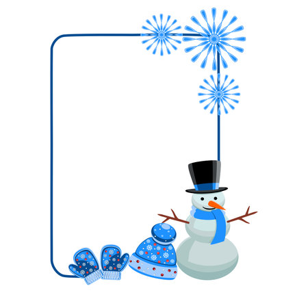 Holiday frame with snowman, mittens, hat, snowflakes, vector illustrationのイラスト素材