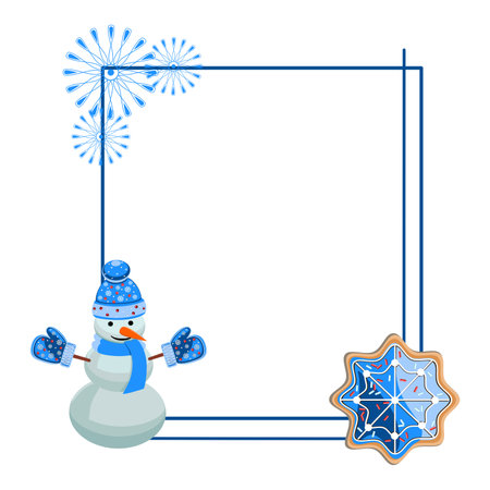 Holiday frame with snowman in mittens and hat, snowflakes, gingerbread cookie, vector illustrationのイラスト素材