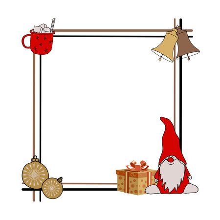 Christmas frame with gnome, gifts and bells. Vector illustration.のイラスト素材