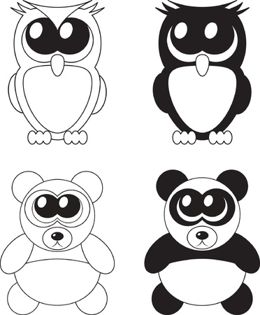 Cute cartoon owl and panda with big eyes, のイラスト素材