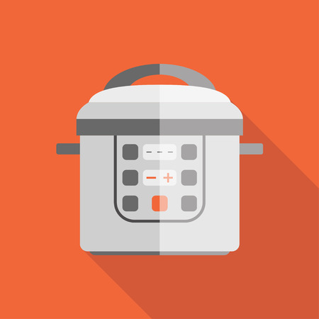Set of flat icons of pressure cooker. Different types of multicooker equipment.のイラスト素材