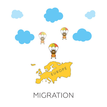 Global migration concept. Cartoon vector illustration of three africans skydivers jumping into Europe. Immigrants in European Union.のイラスト素材