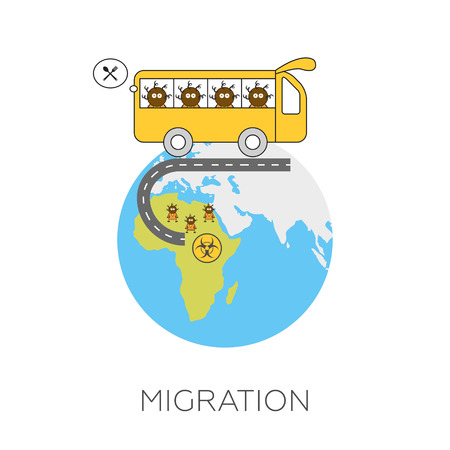 Global migration concept. Cartoon vector illustration of africans going by bus from Africa to Europe hoping for better life. Immigrants in European Union. Rescue from biohazard and famineのイラスト素材
