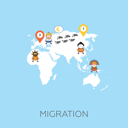 Global migration concept. Cartoon vector illustration of human going from East Europe to West Europe. Immigrants in European Union. Man searching for job, hoping for better life.のイラスト素材