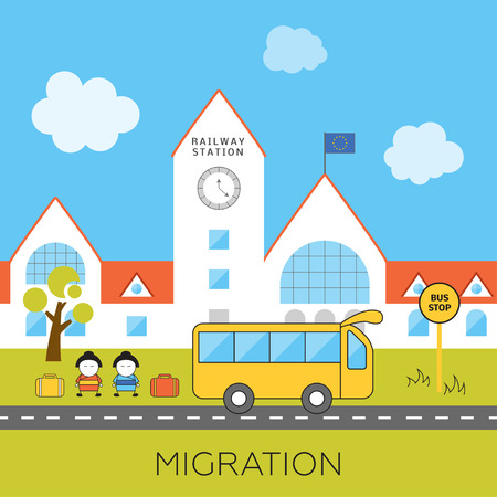 International migration concept. Cartoon vector illustration of asian migrants arrived to Europe. Immigrants in European Union. Immigration to Europe.のイラスト素材