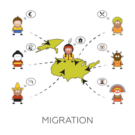 Global migration concept. Cartoon vector illustration of people from all over the world going to America. Immigrants in United States. Men searching for job, hoping for better life, hiding from persecution and famine.のイラスト素材