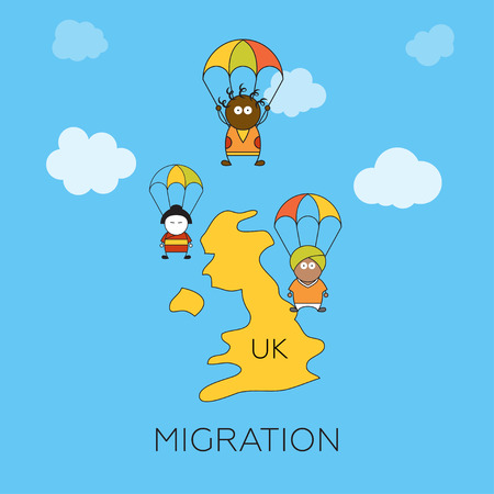 Global migration concept. Cartoon vector illustration of asian, african and indian migrants skydivers jumping into United Kingdom. Immigrants in European Union.のイラスト素材