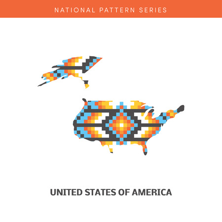 Colorful map of USA. Vector frontiers of United States with native american pattern within.のイラスト素材