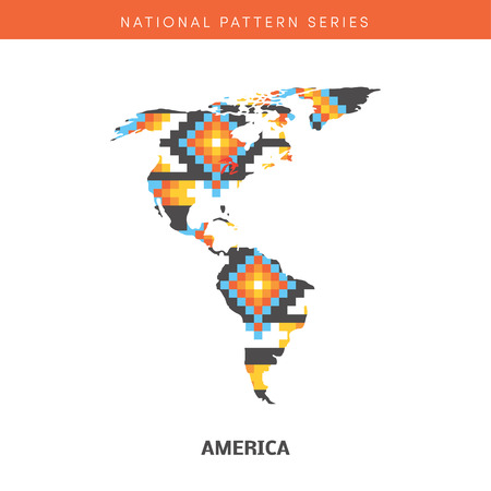 Colorful map of America. Vector frontiers of Southern and Northern America with native american pattern within.のイラスト素材