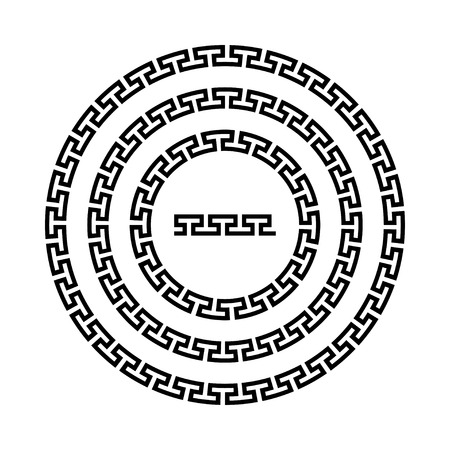 Circle ornament meander. Round frame, rosette of ancient elements. Greek national antique round pattern. Rectangular pulse. Ancient seamless meandros borderのイラスト素材