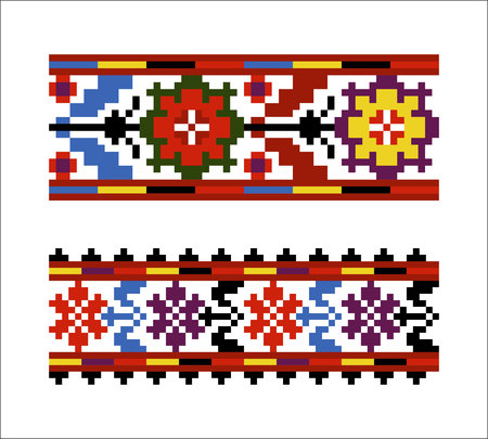 Set of vector ethnic Ukrainian seamless patterns. Slavic national ornaments in pixel styleのイラスト素材